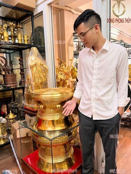 Trống đồng mạ vàng 45cm Ngọc lũ hoa văn chìm dát vàng 24k