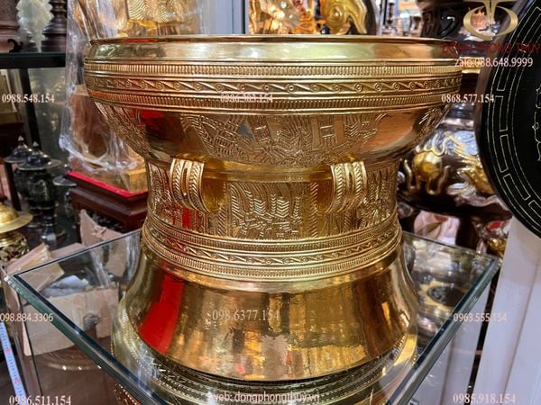 Trống đồng mạ vàng 45cm Ngọc lũ hoa văn chìm dát vàng 24k