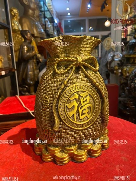 Túi tiền tài lộc bằng đồng Cao 21 ngang 15.5cm sâu 11.5cm nặng 1.9kg