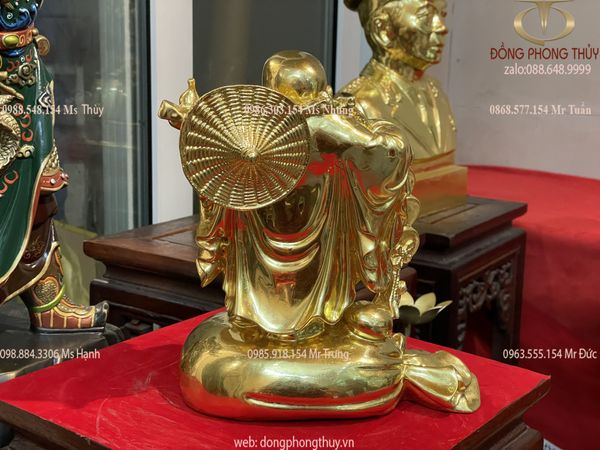 tượng phật di lặc đứng bị gánh bao tiền bằng đồng dát vàng 24k Cao 24,5 nặng 2,7kg