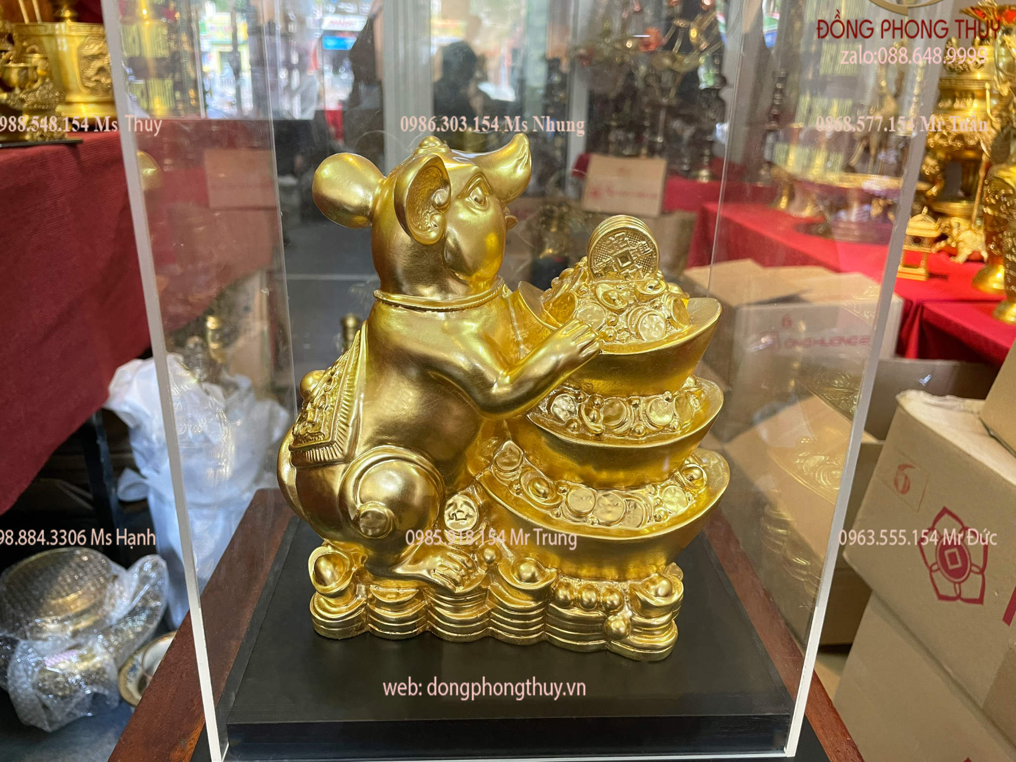 TƯỢNG CHUỘT PHONG THỦY BẰNG ĐỒNG DÁT VÀNG 24K CAO 18CM NGANG 18CM SÂU 9CM NẶNG 1,9KG