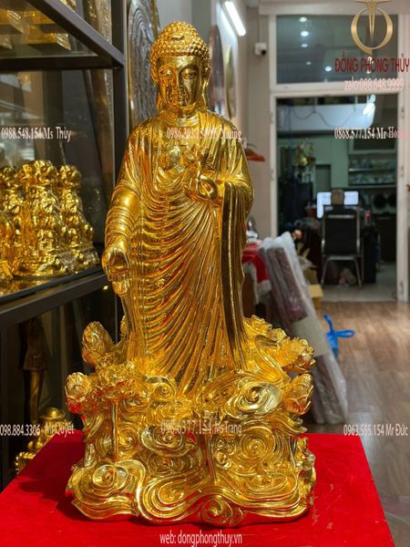 Tượng phật A Di Đà đứng tọa đài sen dát vàng 24k cao 37 nặng 4kg