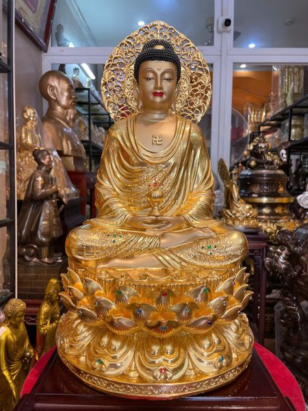 Tượng A Di Đà bằng đồng dát vàng 24K vẽ màu đính đá cao cấp
