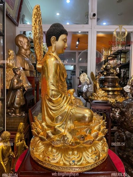 Tượng A Di Đà bằng đồng dát vàng 24K vẽ màu đính đá cao cấp