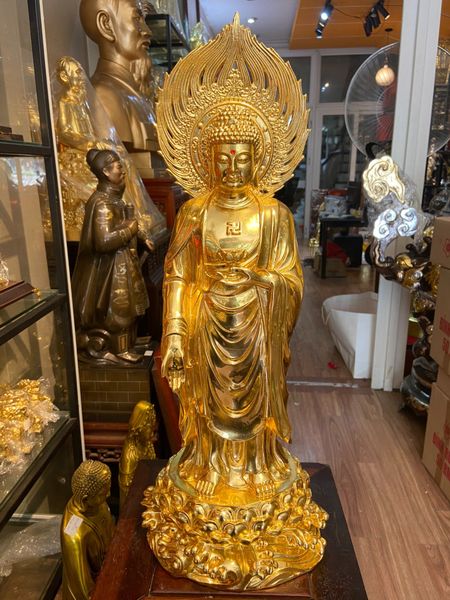 Tượng phật A Di Đà đứng bằng đồng dát vàng 24K Cao 59 ngang 22 sâu 18