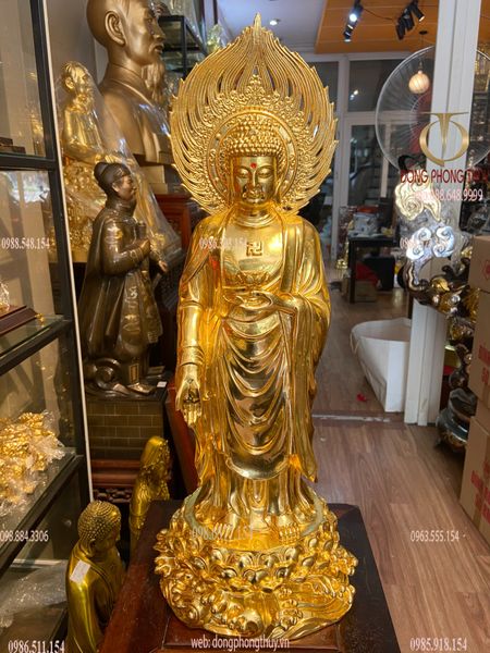 Tượng phật A Di Đà đứng bằng đồng dát vàng 24K Cao 59 ngang 22 sâu 18