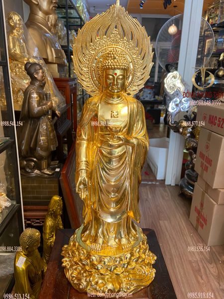 Tượng phật A Di Đà đứng bằng đồng dát vàng 24K Cao 59 ngang 22 sâu 18