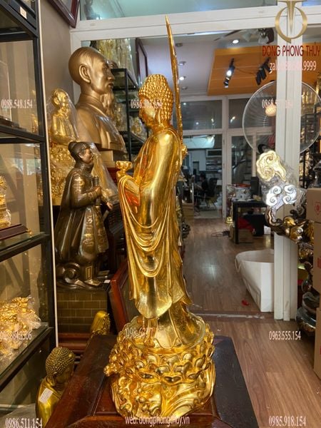 Tượng phật A Di Đà đứng bằng đồng dát vàng 24K Cao 59 ngang 22 sâu 18