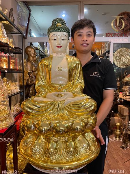 Tượng A Di Đà bằng đồng dát vàng vẽ màu Cao 70 ngang 50 sâu 50 nặng 58kg