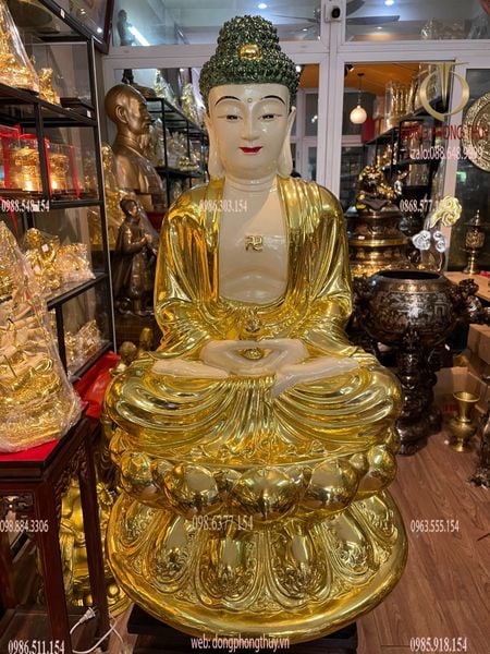 Tượng A Di Đà bằng đồng dát vàng vẽ màu Cao 70 ngang 50 sâu 50 nặng 58kg