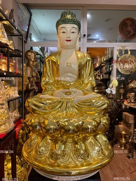 Tượng A Di Đà bằng đồng dát vàng vẽ màu Cao 70 ngang 50 sâu 50 nặng 58kg