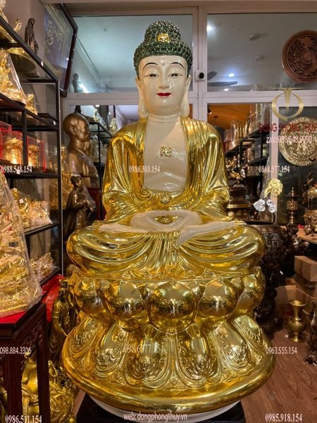 Tượng A Di Đà bằng đồng dát vàng vẽ màu Cao 70 ngang 50 sâu 50 nặng 58kg