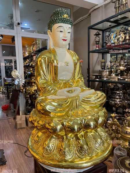 Tượng A Di Đà bằng đồng dát vàng vẽ màu Cao 70 ngang 50 sâu 50 nặng 58kg