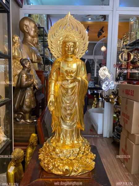 Tượng phật A Di Đà đứng bằng đồng dát vàng 24K Cao 59 ngang 22 sâu 18