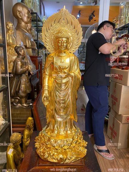Tượng phật A Di Đà đứng bằng đồng dát vàng 24K Cao 59 ngang 22 sâu 18