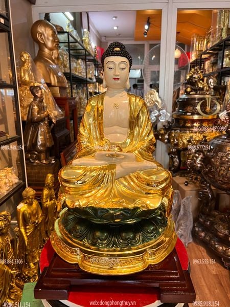 Tượng phật A Di Đà bằng đồng dát vàng vẽ màu Cao 43 ngang 28 sâu 28 nặng 9kg
