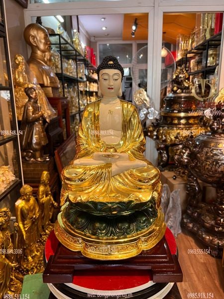 Tượng phật A Di Đà bằng đồng dát vàng vẽ màu Cao 43 ngang 28 sâu 28 nặng 9kg