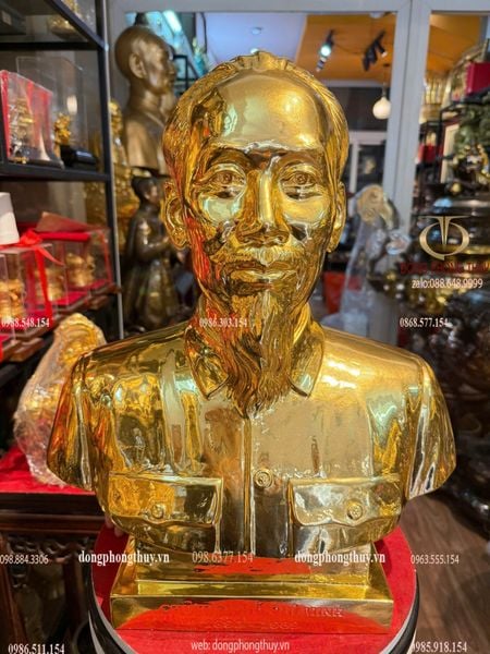 Tượng bác hồ bằng đồng dát vàng 24k cao 48cm ngang 40cm rộng 19cm nặng 23kg