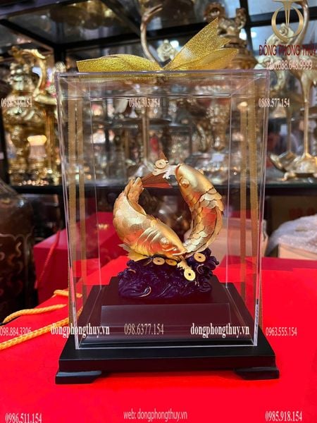 Tượng cá chép hóa rồng vàng 24k 17x14x22cm