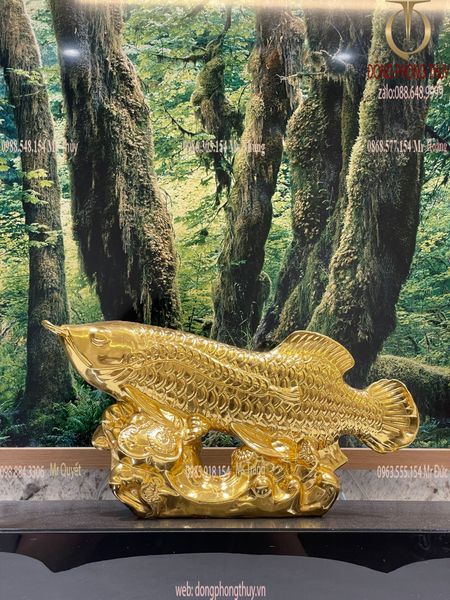 Tượng cá chép hóa rồng phong thủy bằng đồng dát vàng 24k
