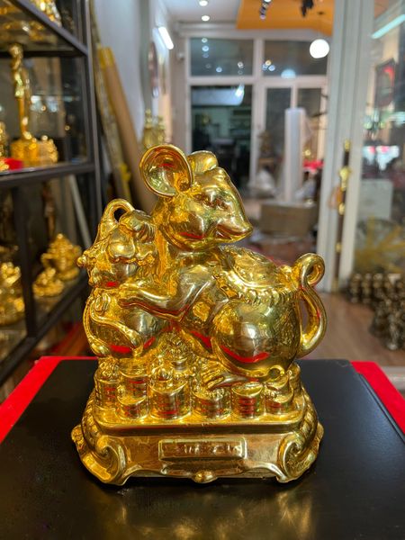 Quà tặng mạ vàng: Tượng chuột bằng đồng dát vàng 24k Cao 14.5  nặng 900g