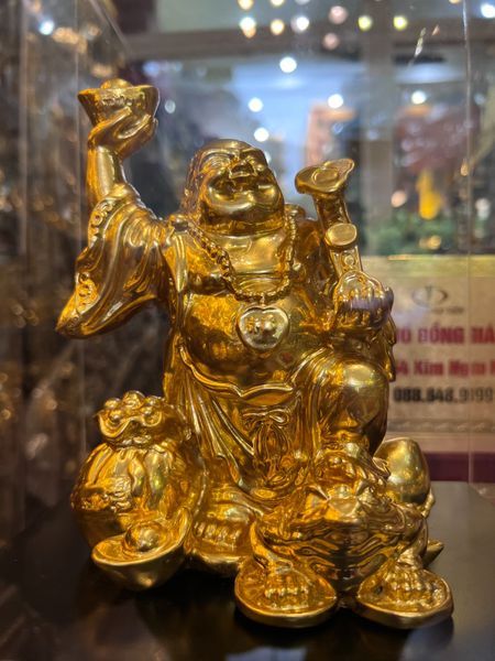 Tượng phật di lặc bằng đồng dát vàng 24k cao 18 rộng 13 nặng 1,2kg