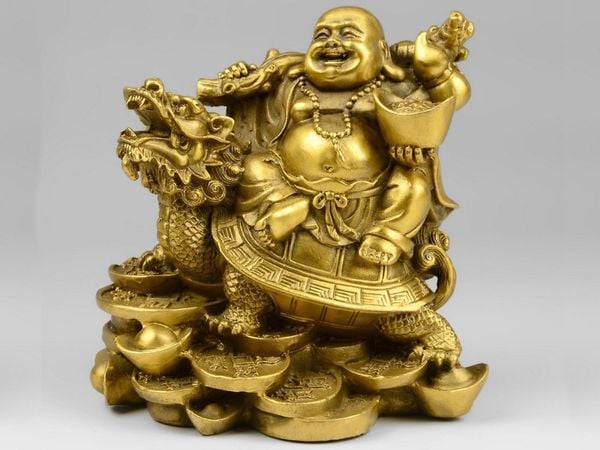 Tượng phật di lặc cưỡi long quy bằng đồng Cao 12 nặng 800gram