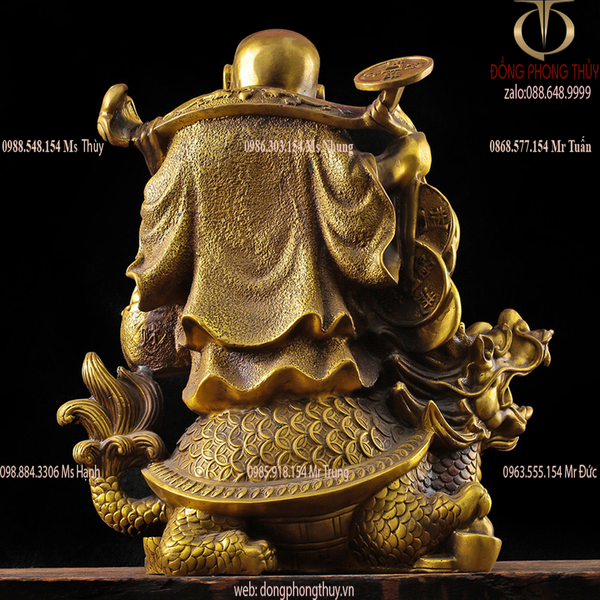 Tượng phật di lặc cưỡi long quy gánh tiền Cao 36cm ngang 31cm nặng 7kg