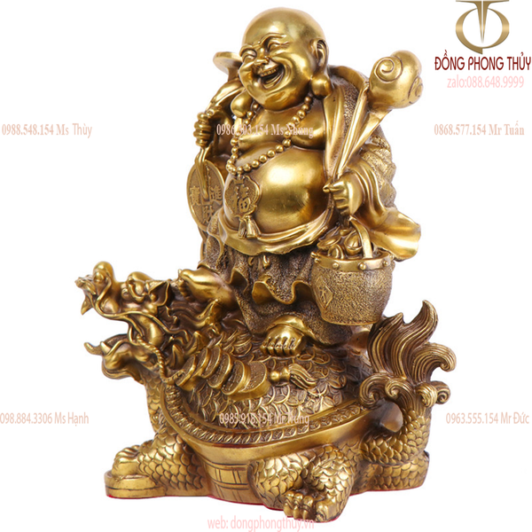 Tượng phật di lặc cưỡi long quy gánh tiền Cao 36cm ngang 31cm nặng 7kg