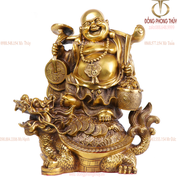 Tượng phật di lặc cưỡi long quy gánh tiền Cao 36cm ngang 31cm nặng 7kg