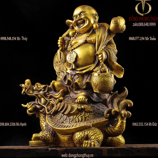 Tượng phật di lặc cưỡi long quy gánh tiền Cao 36cm ngang 31cm nặng 7kg