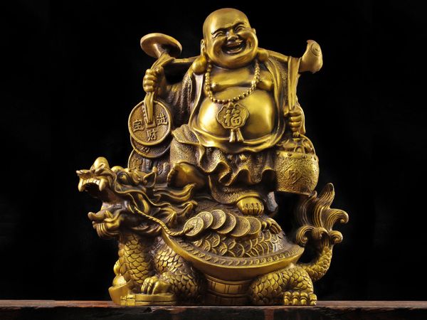 Tượng phật di lặc cưỡi long quy gánh tiền Cao 36cm ngang 31cm nặng 7kg