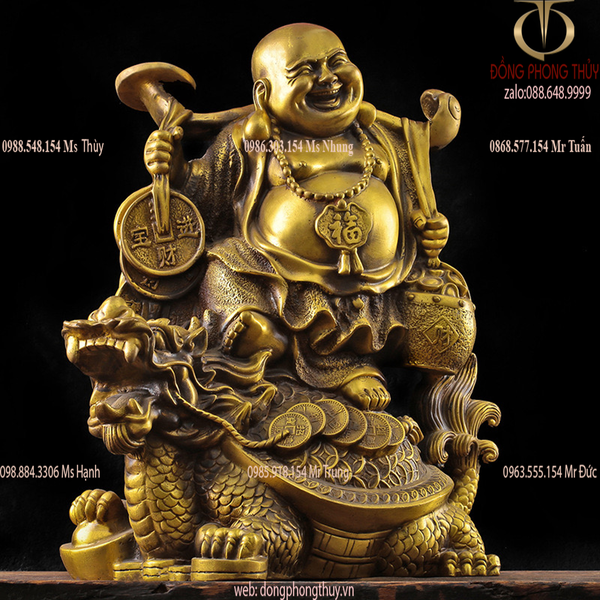 Tượng phật di lặc cưỡi long quy gánh tiền Cao 36cm ngang 31cm nặng 7kg