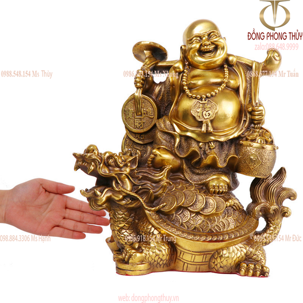 Tượng phật di lặc cưỡi long quy gánh tiền Cao 36cm ngang 31cm nặng 7kg