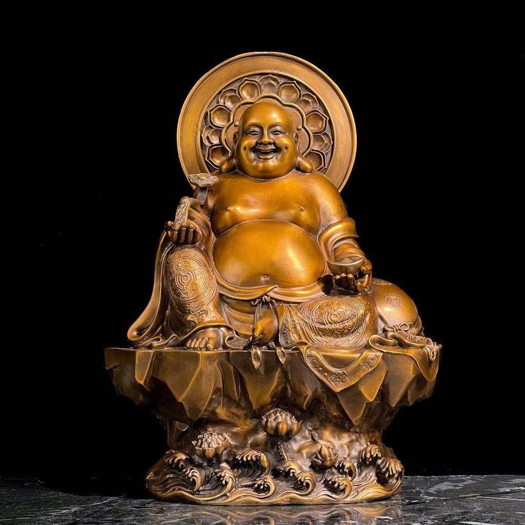 Tượng di lặc bằng đồng màu hun nâu cao 45 ngang 32 sâu 18 nặng 12kg