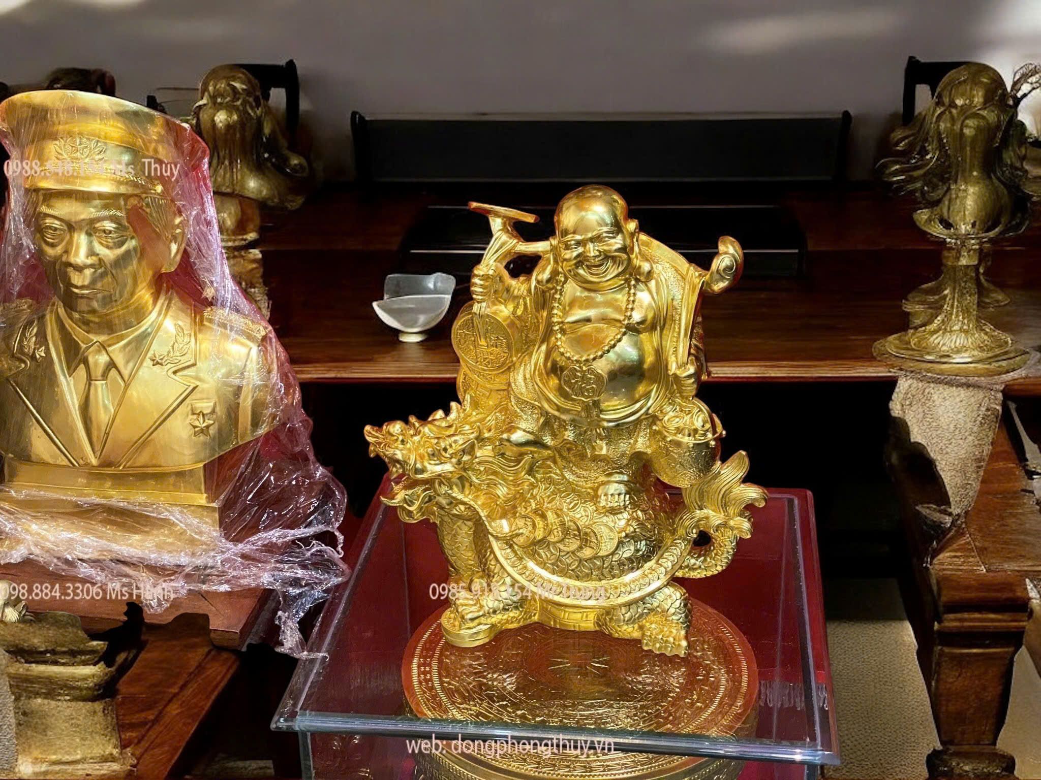 TƯỢNG DI LẶC CƯỠI LONG QUY GÁNH TIỀN DÁT VÀNG 24K CAO 36CM NGANG 31CM NẶNG 7KG