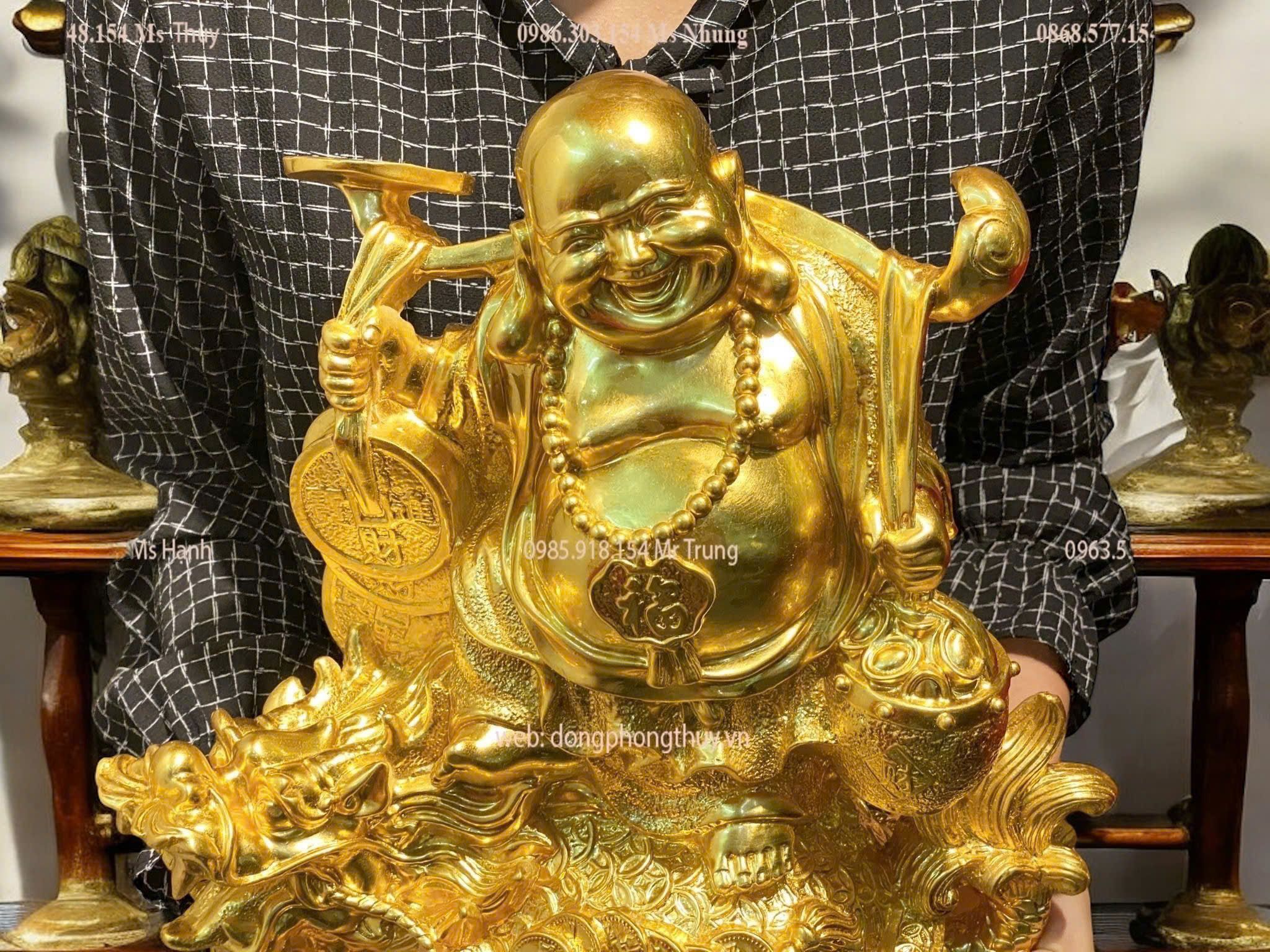 TƯỢNG DI LẶC CƯỠI LONG QUY GÁNH TIỀN DÁT VÀNG 24K CAO 36CM NGANG 31CM NẶNG 7KG