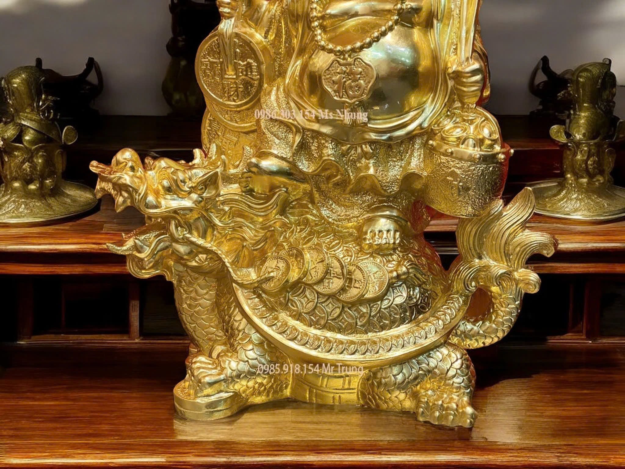 TƯỢNG DI LẶC CƯỠI LONG QUY GÁNH TIỀN DÁT VÀNG 24K CAO 36CM NGANG 31CM NẶNG 7KG