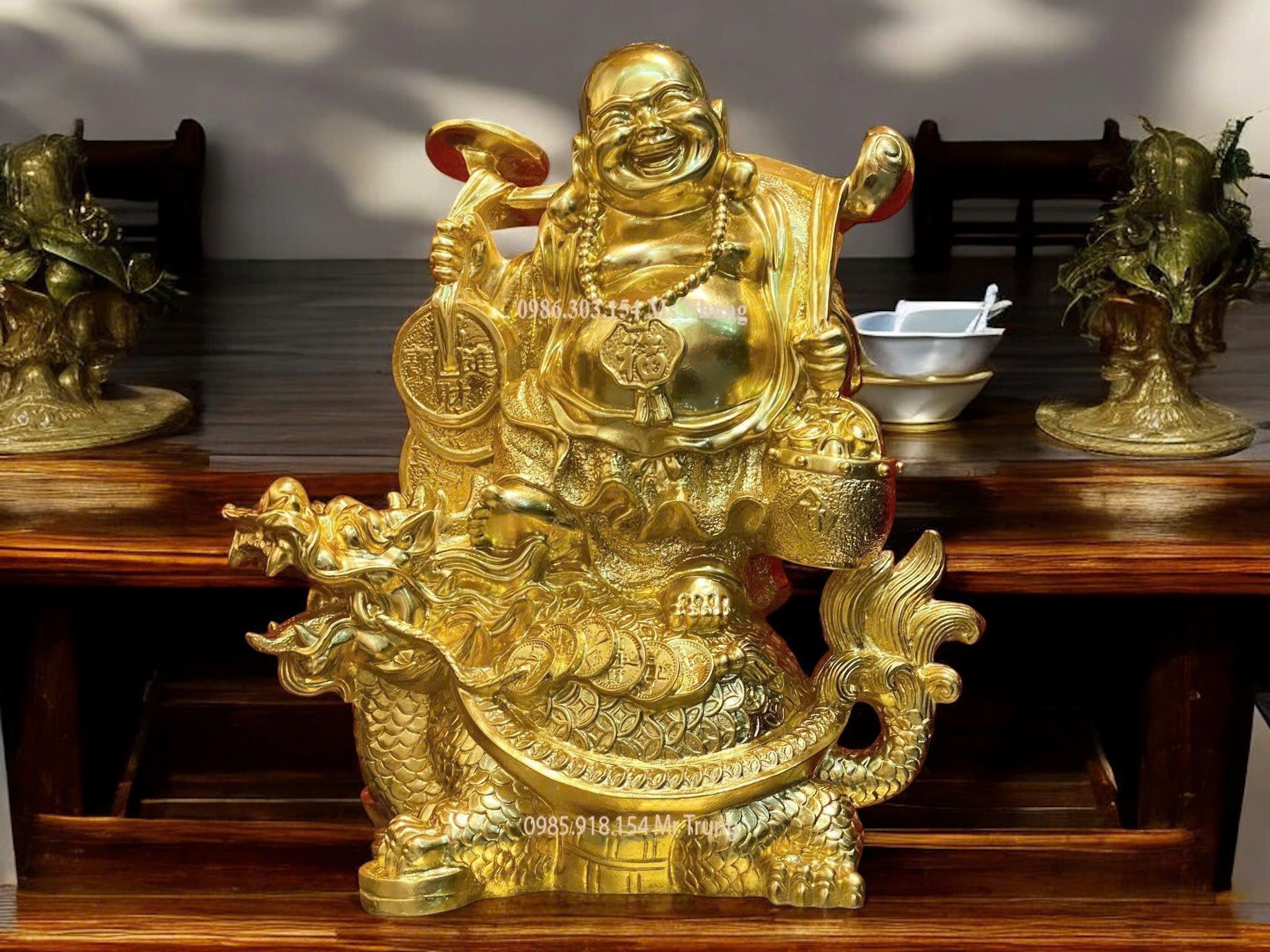 TƯỢNG DI LẶC CƯỠI LONG QUY GÁNH TIỀN DÁT VÀNG 24K CAO 36CM NGANG 31CM NẶNG 7KG