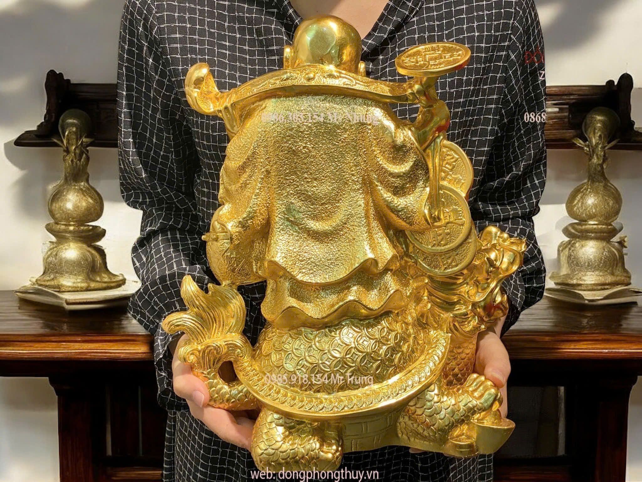 TƯỢNG DI LẶC CƯỠI LONG QUY GÁNH TIỀN DÁT VÀNG 24K CAO 36CM NGANG 31CM NẶNG 7KG