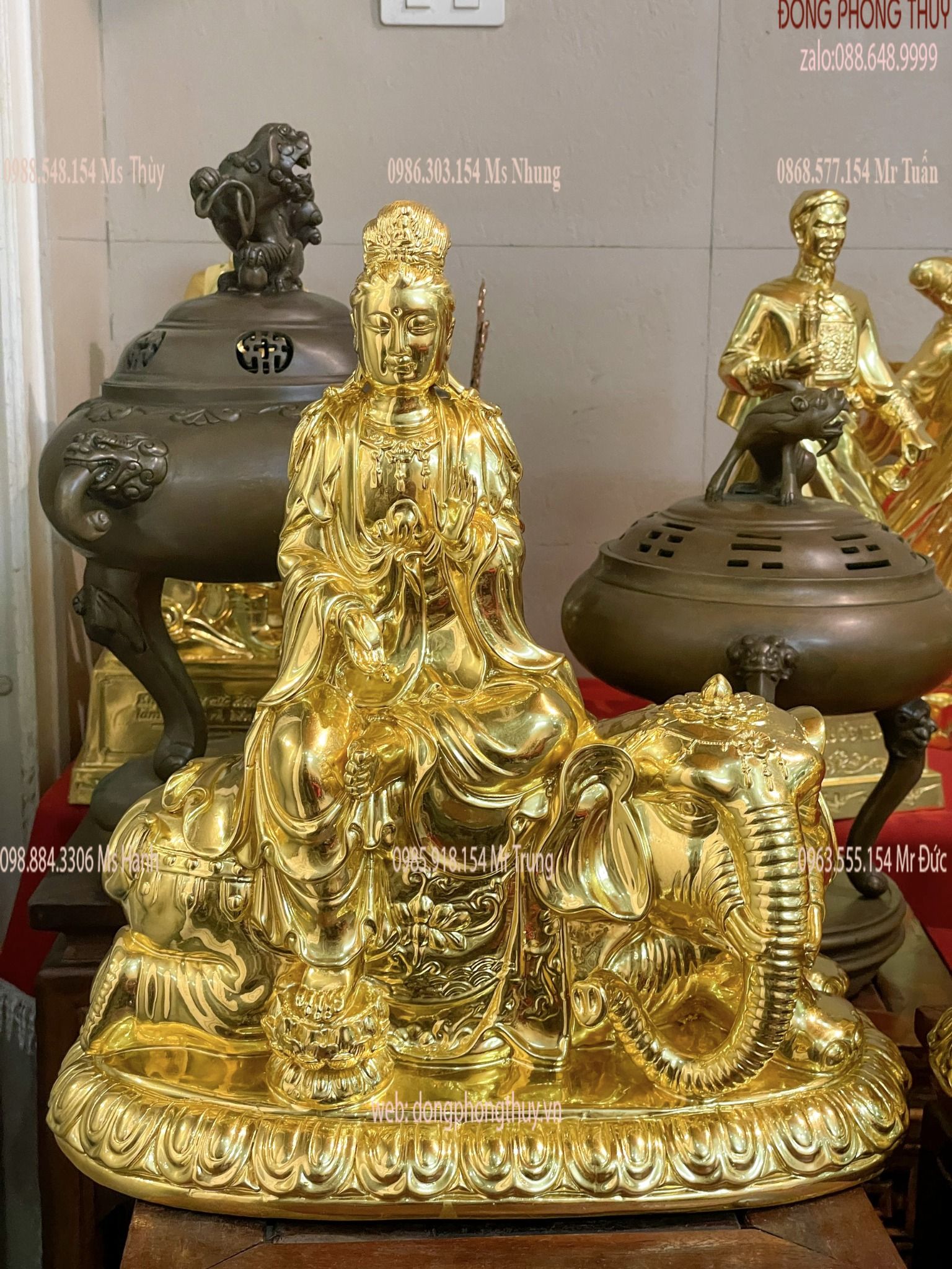 TƯỢNG VĂN THÙ PHỔ HIỀN CƯỠI LINH THÚ BẰNG ĐỒNG CAO 30 NẶNG 5,5KG DÁT VÀNG 24K