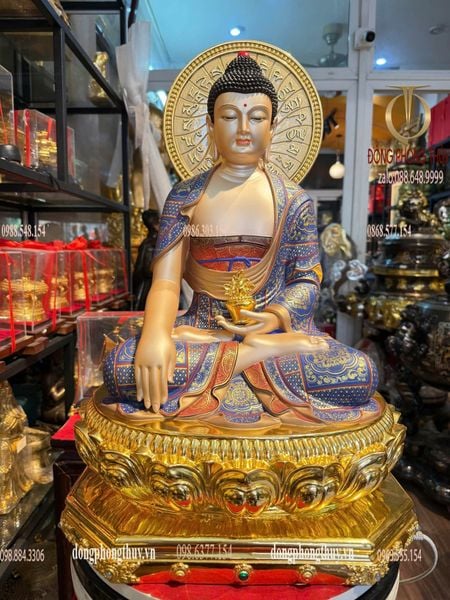 Tượng Dược sư dát vàng 24k vẽ gấm Cao 48 ngang 33,5 sâu 29cm nặng 12,4kg