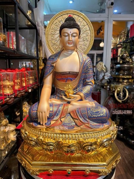 Tượng Dược sư dát vàng 24k vẽ gấm Cao 48 ngang 33,5 sâu 29cm nặng 12,4kg