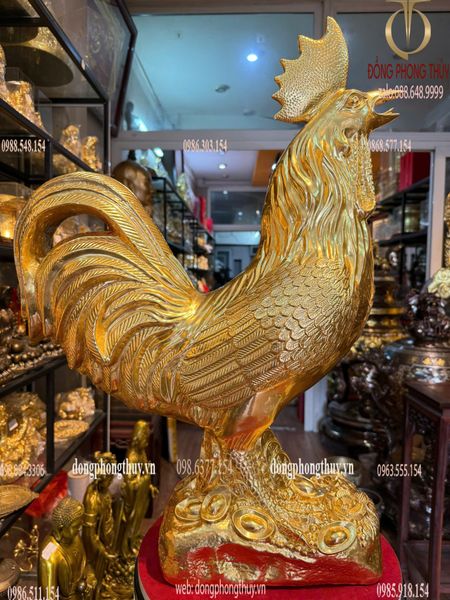 Tượng gà bằng đồng dát vàng 24K Cao 69 ngang đế 28 sâu 17 ngang đuôi 50 nặng 16,4kg