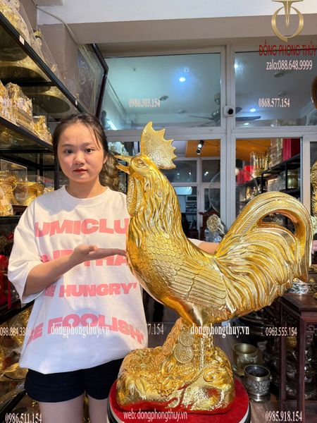 Tượng gà bằng đồng dát vàng 24K Cao 69 ngang đế 28 sâu 17 ngang đuôi 50 nặng 16,4kg