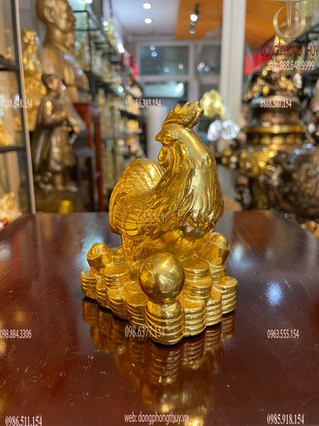 Tượng gà đế tiền dát vàng 24k cao 11cm