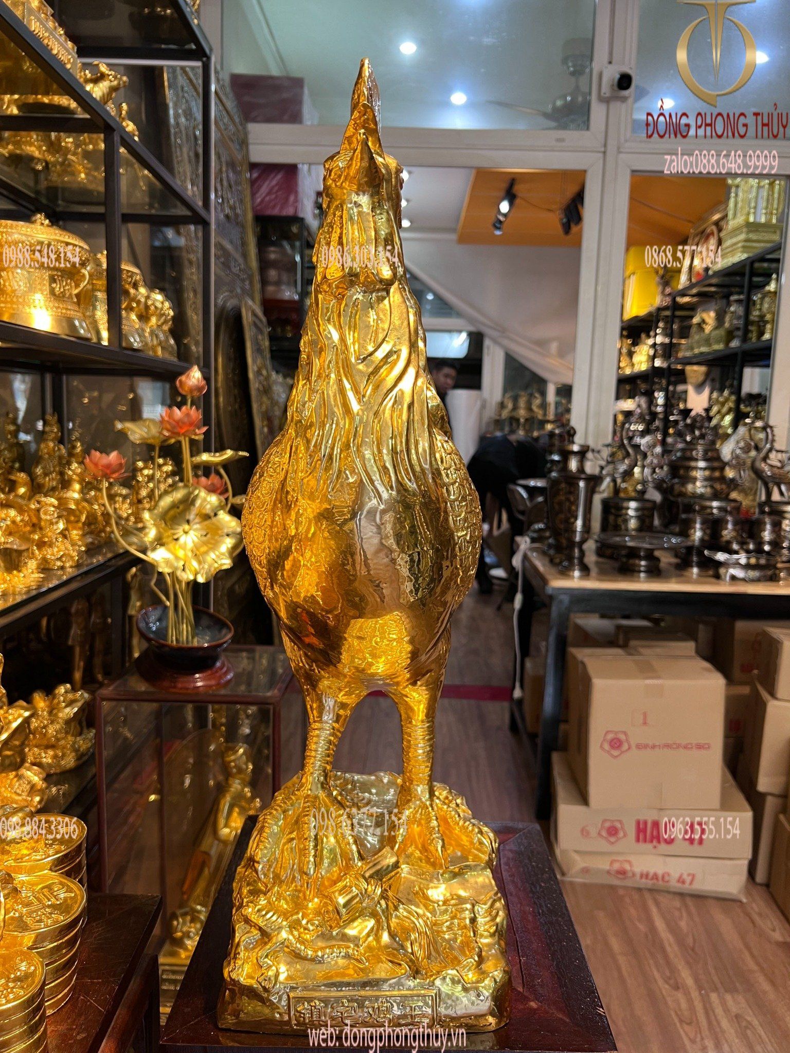 Tượng gà 65cm phong thủy bằng đồng dát vàng 24k