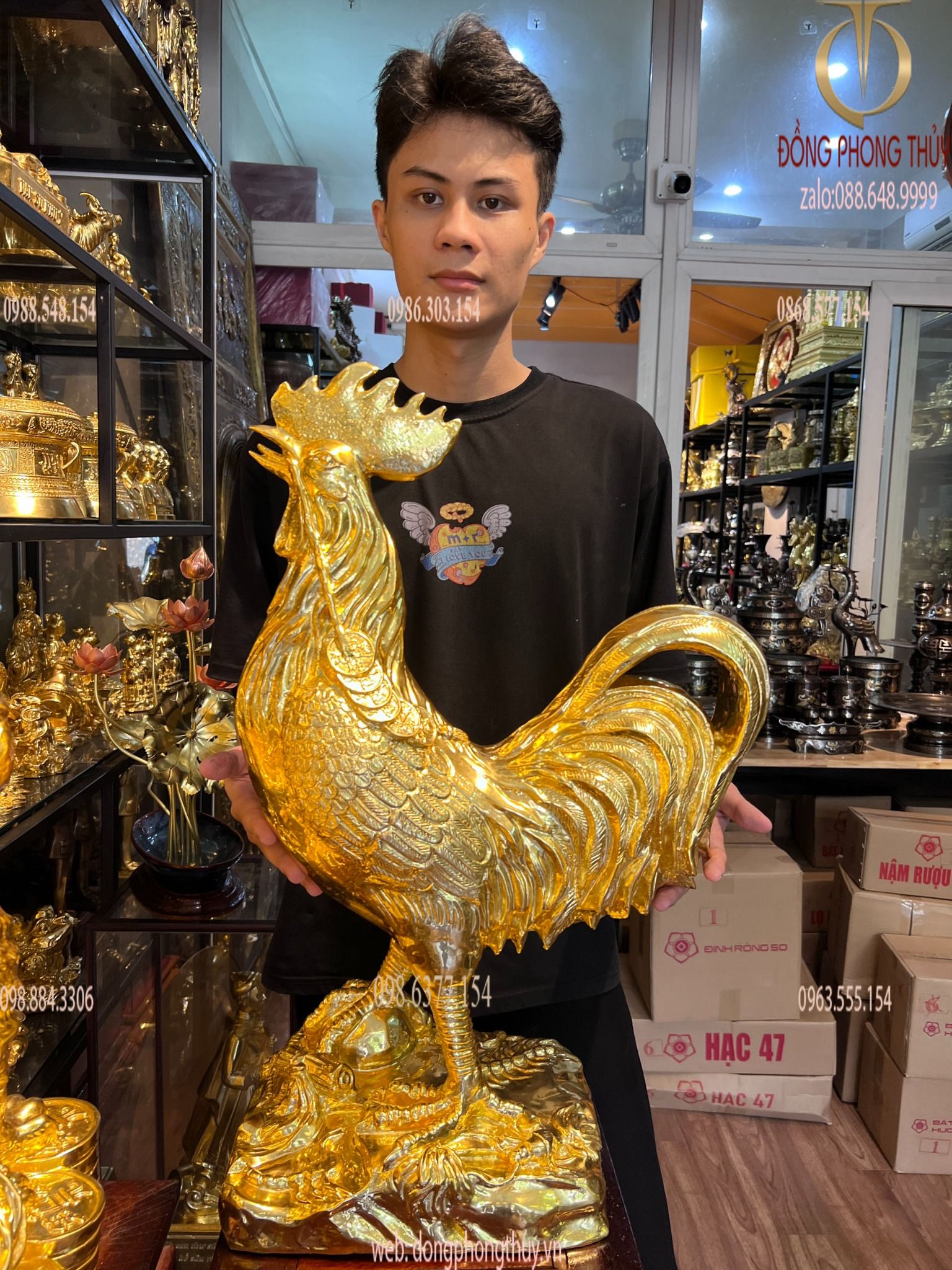 Tượng gà 65cm phong thủy bằng đồng dát vàng 24k