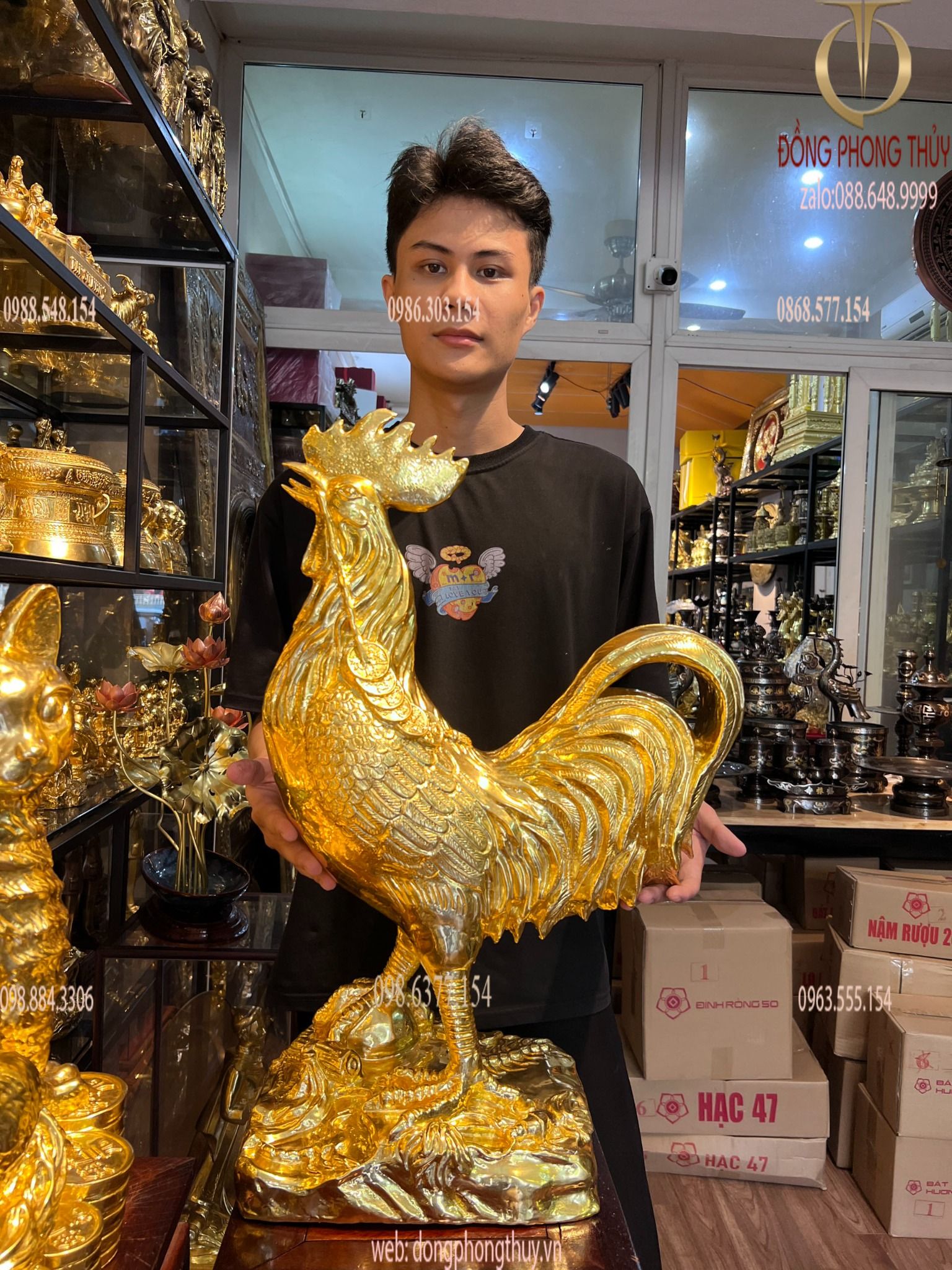 Tượng gà 65cm phong thủy bằng đồng dát vàng 24k