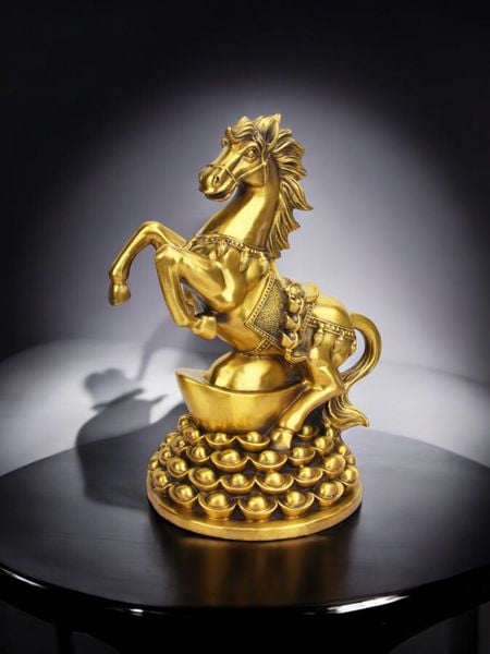 Tượng ngựa phong thủy- ngựa hý đứng núi tiền bằng đồng cao 38,5cm